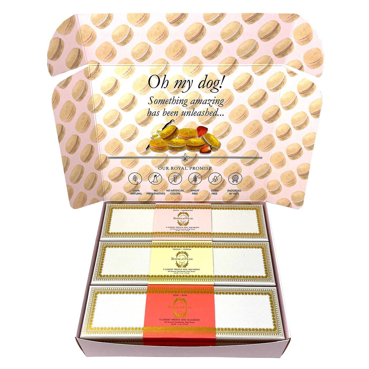 Bonne Et Filou Strawberry, Rose, And Vanilla Dog Macaron Combo Pack - 18 Treats 3 Bonne Et Filou Strawberry, Rose, And Vanilla Dog Macaron Combo Pack - 18 Treats - Image 3