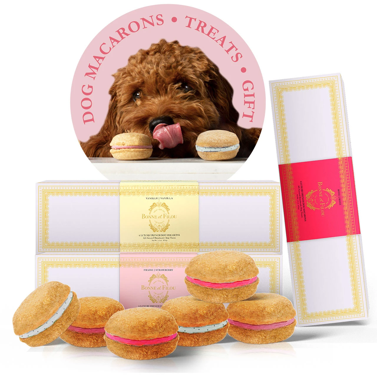 Bonne Et Filou Strawberry, Rose, And Vanilla Dog Macaron Combo Pack - 18 Treats 1 Bonne Et Filou Strawberry, Rose, And Vanilla Dog Macaron Combo Pack - 18 Treats
